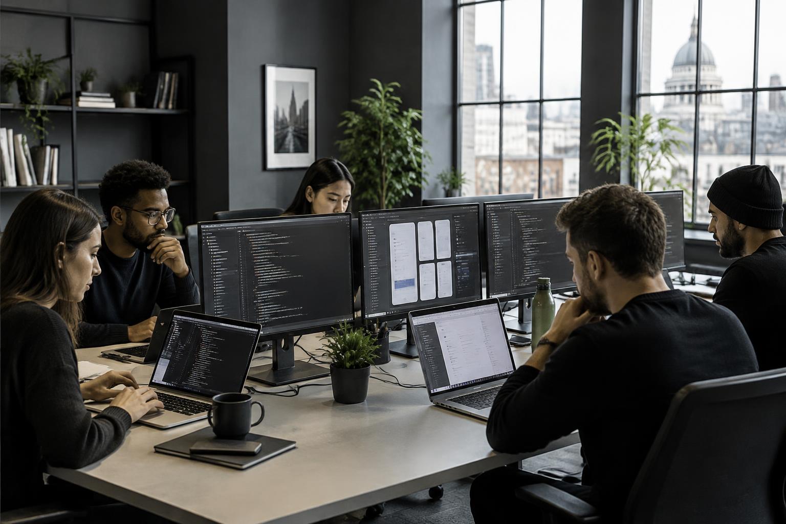 Our team working on laptops with multiple large screens
